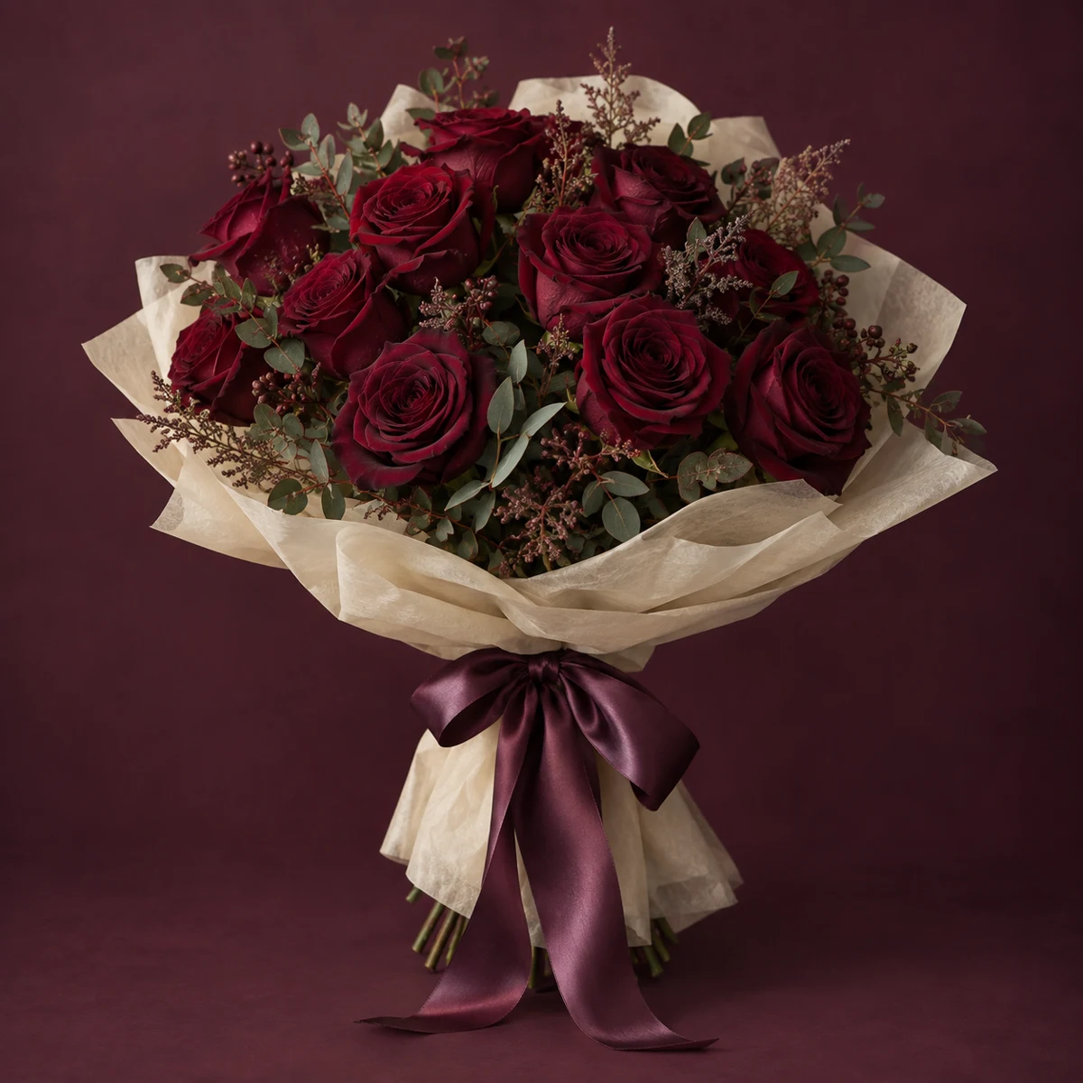 Ramo de muestra de rosas color vino con envoltura clara